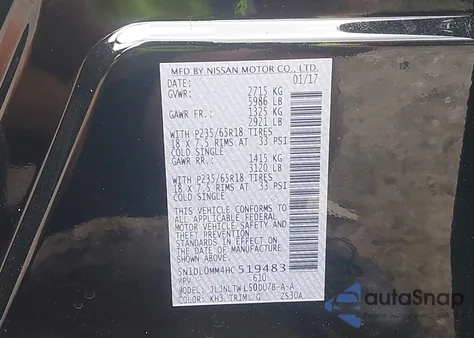 2017 Infiniti Qx60 z USA, uszkodzony, nr VIN 5N1DL0MM4HC519483